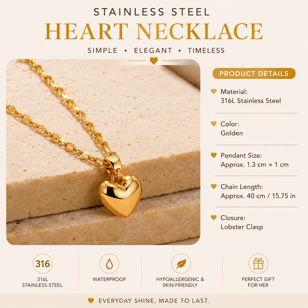 Stainless Steel Heart Necklace – Gold
