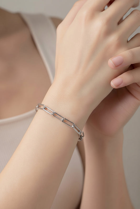 Unisex Stainless Steel Long Link Bracelet – Silver