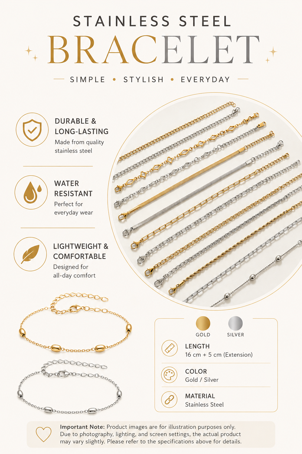 Stainless Steel Clover & Diamond Bracelet – Gold & Silver