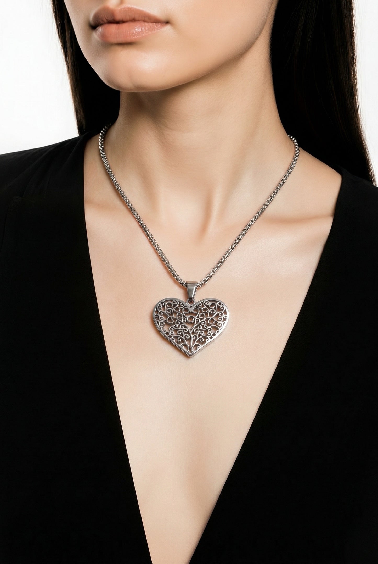 Silver Stainless Steel Heart Pendant Necklace