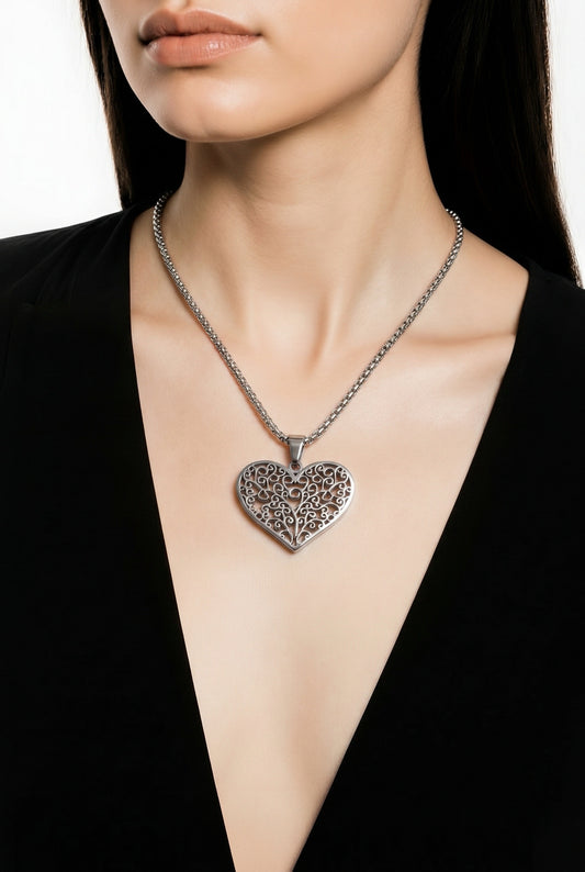 Silver Stainless Steel Heart Pendant Necklace