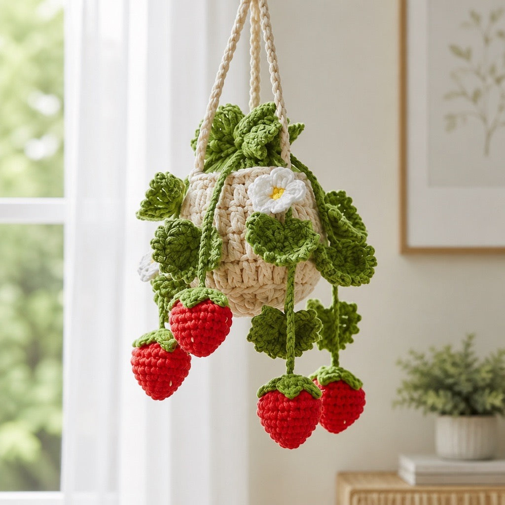 Handmade Crochet Strawberry Hanging Plant