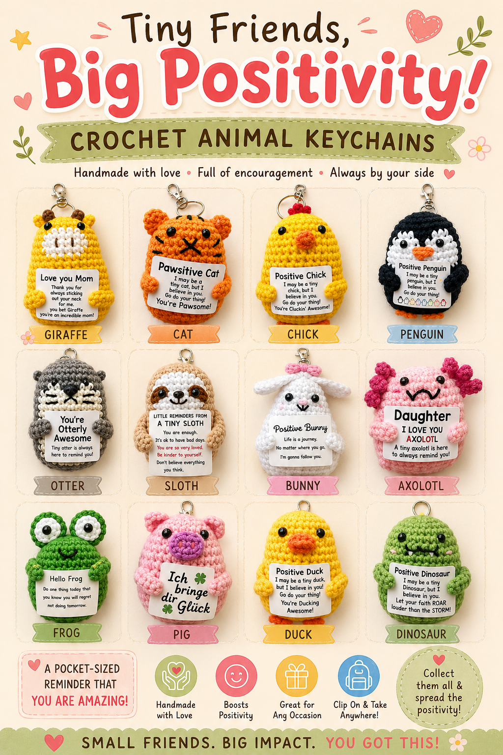 Handmade Positive Animal Crochet Keychain Collection
