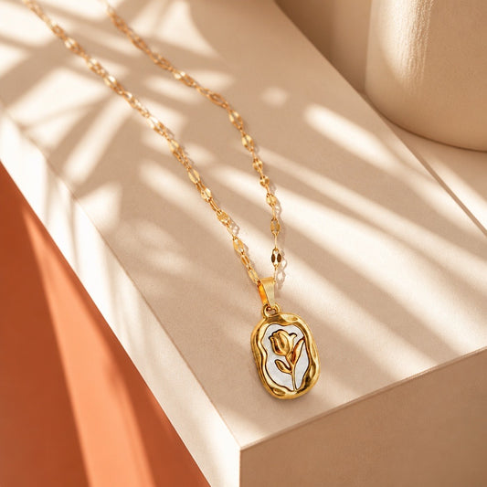Stainless Steel Gold Flower Pendant Necklace