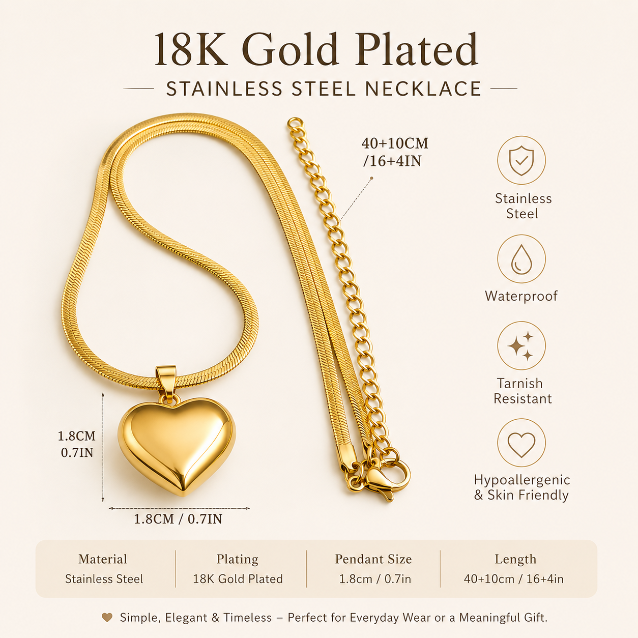 18K Gold-Plated Stainless Steel Heart Necklace