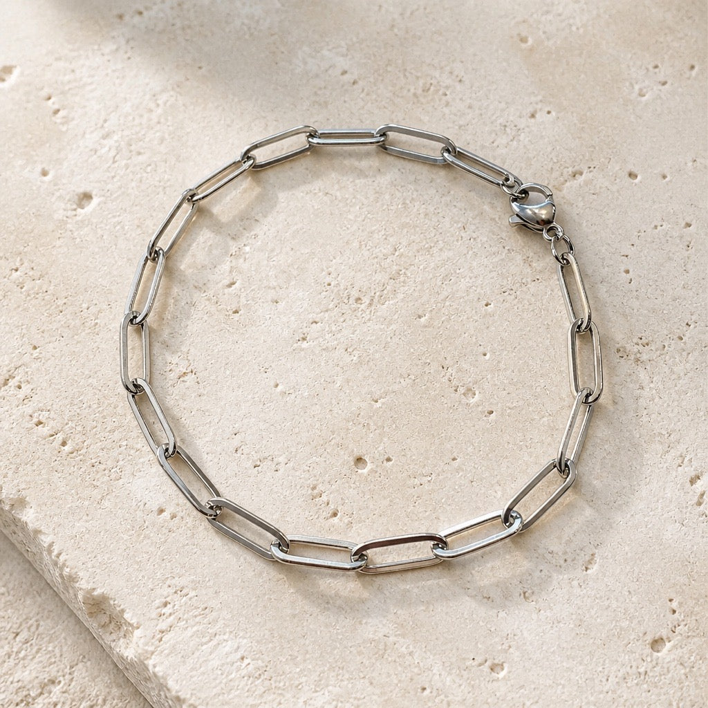Unisex Stainless Steel Long Link Bracelet – Silver