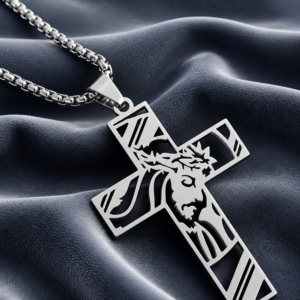 Unisex Stainless Steel Jesus Cross Necklace - Silver