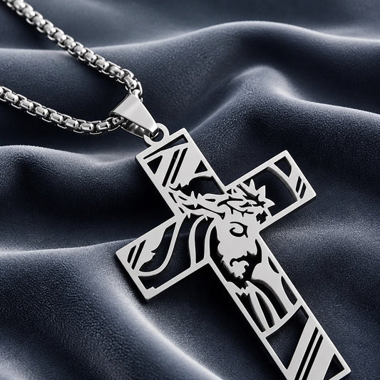 Unisex Stainless Steel Jesus Cross Necklace - Silver