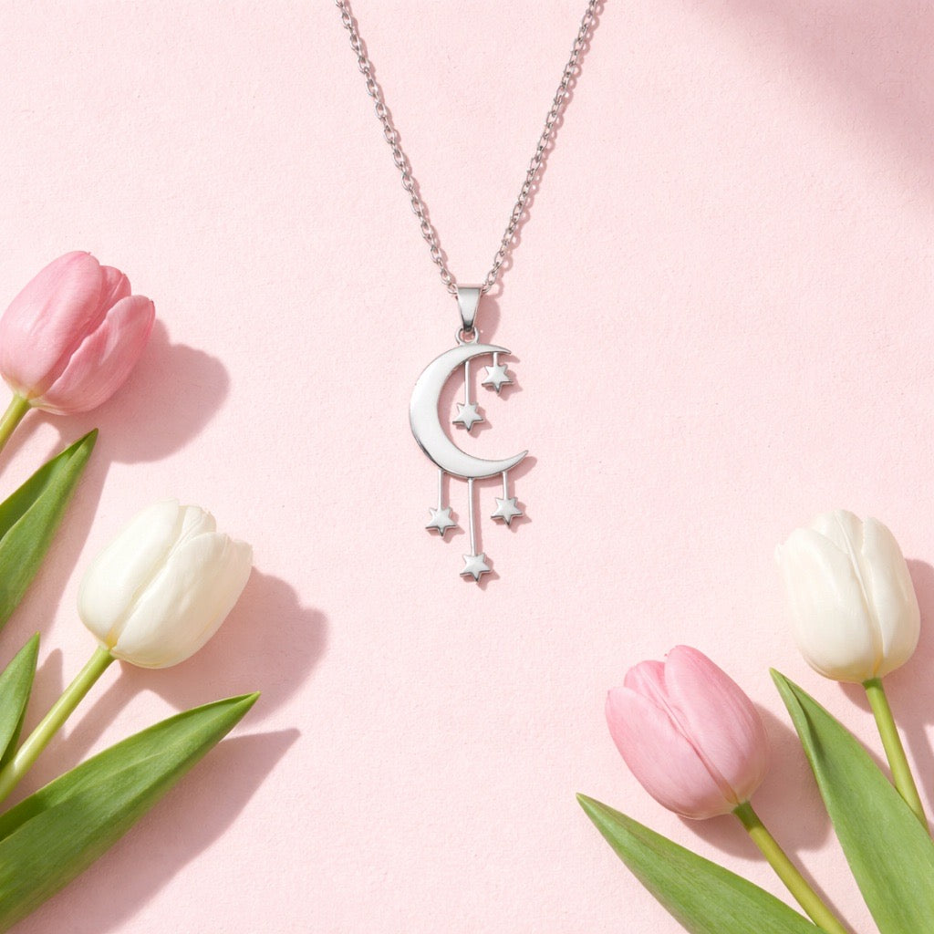 Stainless Steel Moon & Stars Pendant Necklace