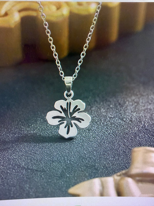 Stainless Steel Hibiscus Flower Pendant Necklace
